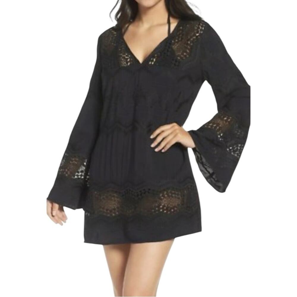 NWT La Blanca Crochet Lace Long Sleeve V-neck Black Swim Cover-Up Dress SMALL